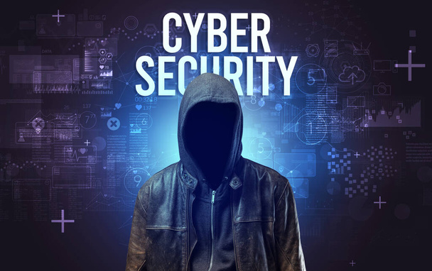 Faceless man with CYBER SECURITY inscription, online security concept - Photo, Image