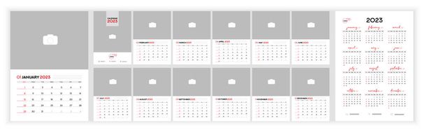 Wall Monthly Photo Calendar 2023. Simple monthly vertical photo calendar Design for 2023 year in English. Обкладинка Календар і 12 місяців шаблонів. Починається недільний тиждень. Приклад вектора - Вектор, зображення