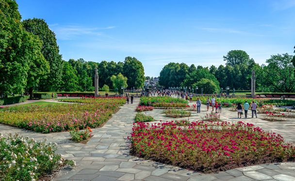 Oslo, Noruega - 13 de agosto de 2022: Parque Vigeland no Parque Frogner, com a grande coleção de rosas norueguesas e a Instalação Vigeland. - Foto, Imagem