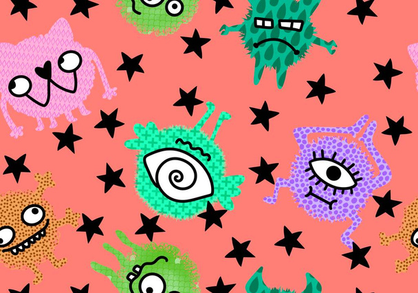 Cartoon doodle monsters seamless aliens and animals pattern for wrapping paper and fabrics and kids clothes print and linens and packaging. High quality illustration - Foto, imagen