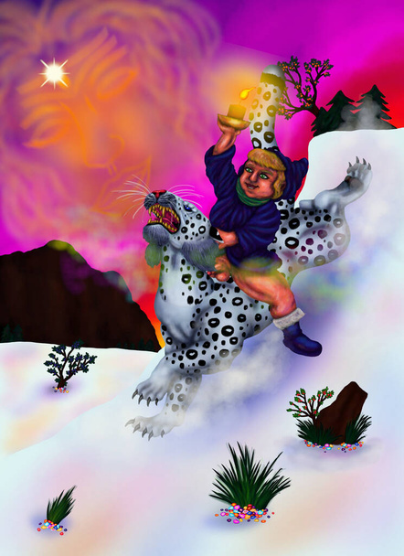 pintura abstracta ilustración de un cuento de hadas de Navidad, donde una diosa madre sueña con enviar a su hijo y su monte de leopardo de nieve, guiados por una estrella brillante en un viaje para traer la luz de la esperanza al mundo a través de un paisaje invernal nevado.  - Foto, imagen