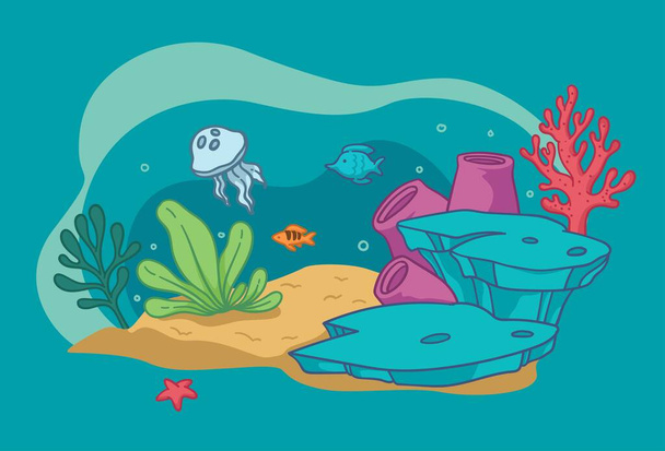 Aquarium with fish and seaweed, underwater flora and fauna. Marine and nautical creatures and plants, corals and sand. Jelly and starfish on bottom of sea or ocean. Vector in flat style illustration - Вектор, зображення