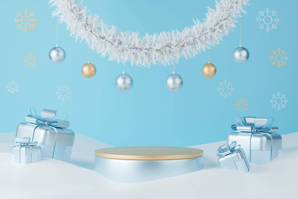 3d renderowania Boże Narodzenie podium na jasnoniebieskim tle z pudełkami i dekoracje świąteczne. - Zdjęcie, obraz