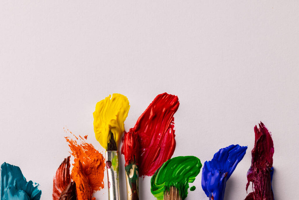 Composition of painting brushes on white background with copy space. National craft month, painting, art and creativity concept. - Fotografie, Obrázek