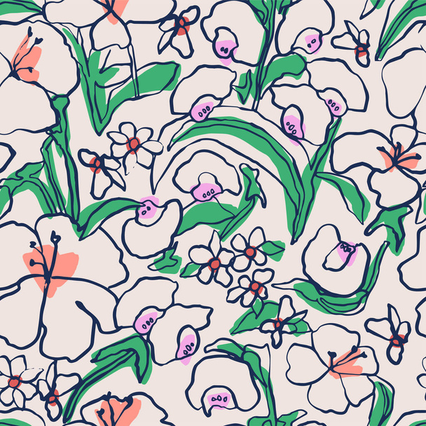  Vector hand-drawn flower sketch illustration seamless repeat pattern - Вектор,изображение