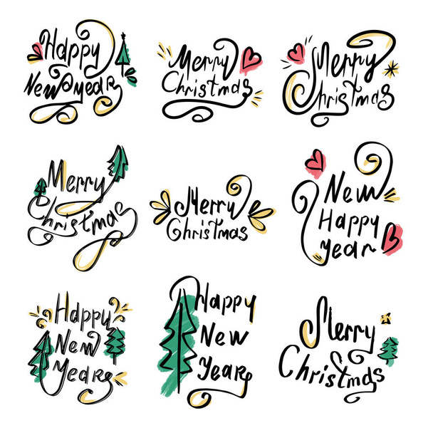 Kalligrafisia tekstejä. Hyvää uutta vuotta ja hyvää joulua. Kaunis musta fontti, jossa pyörteitä ja värillisiä elementtejä. Suunnittelu malli kutsuja, postikortteja, vaatteita. Eristetty tausta - Vektori, kuva