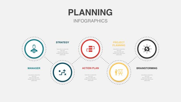 manager, Strategy, Action Plan, Project Planning, εικονίδια που κάνουν brainstorming Δημιουργική ιδέα με 5 βήματα - Διάνυσμα, εικόνα