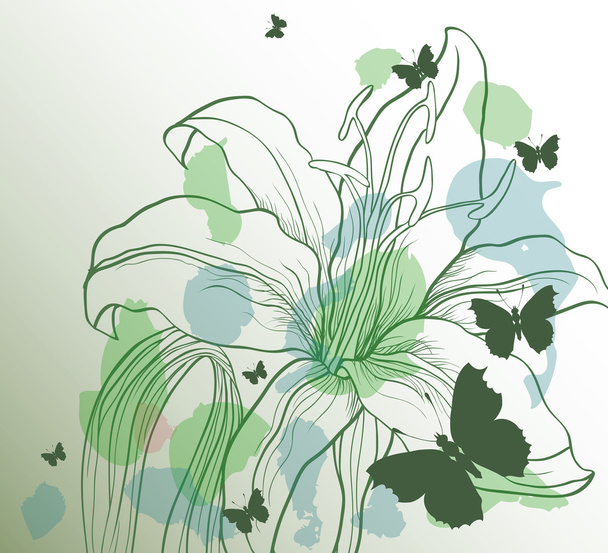 Green background with decorative flower and butterflies - Vettoriali, immagini
