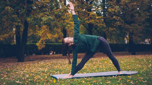 Cheerful young woman is doing yoga balancing exercises during individual practice in city park standing on mat and enjoying rest and nature. People, healthy lifestyle and sports concept. - Foto, imagen