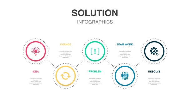 idea, cambio, problema, trabajo en equipo, resolver iconos Plantilla de diseño infográfico. Concepto creativo con 5 pasos - Vector, Imagen