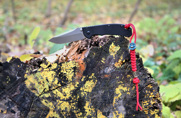 couteau pliant coupe lame en acier inoxydable manche noir cordon rouge bleu perle vert jaune feuilles brun bois macro fond - Photo, image