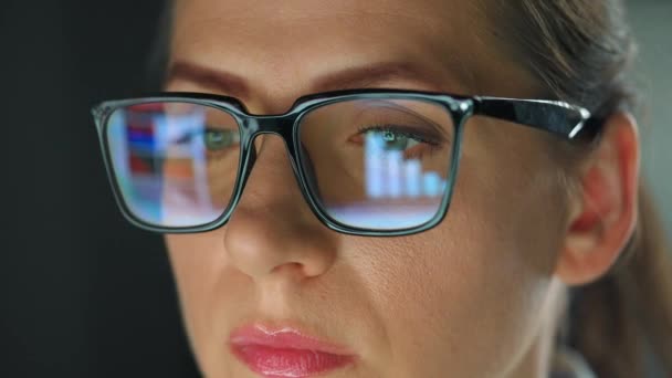 Woman in glasses looking on the monitor and working with charts and analytics. The monitor screen is reflected in the glasses. Work at night. Extreme close-up. - Séquence, vidéo