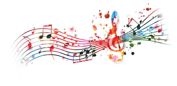 Vibrant music background with colorful musical notes and G-clef isolated. Vector illustration. Artistic music festival poster design, live concert events, party flyer, music notes signs and symbols - Vector, afbeelding