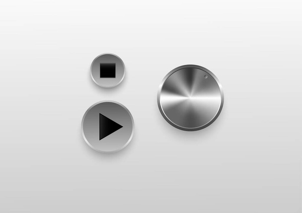 Technology dial knob, play and stop button with metal texture for sound control. - Vector, Image