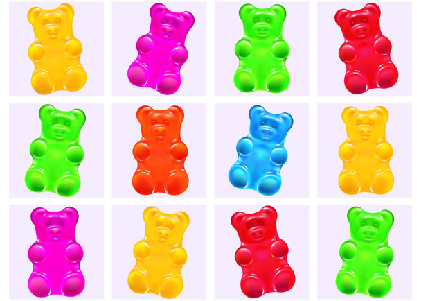 cute colored cartoon gummy bears.  bright jelly candies set of rainbow colors. greeting card. isolated vector illustration. - Vector, Image