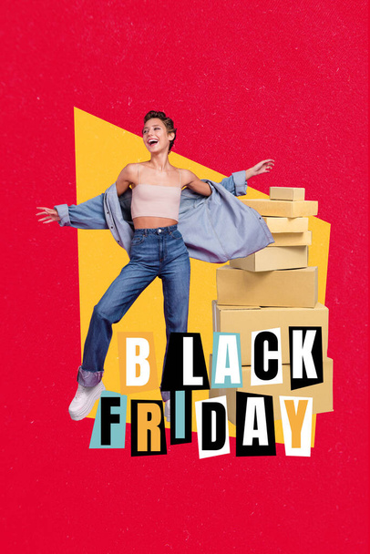 Vertical collage image of funny excited girl enjoy black friday proposition pile stack order packages isolated on creative background. - Foto, Imagem