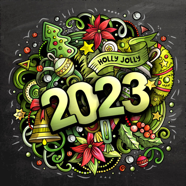 Иллюстрация 2023 каракули. Новогодние объекты и элементы дизайна плаката. Творческий карикатурный фон праздников. Растровый рисунок на доске - Фото, изображение