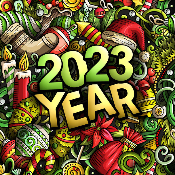 2023 doodles illustration. New Year objects and elements poster design. Creative cartoon holidays art background. Colorful raster drawing - 写真・画像