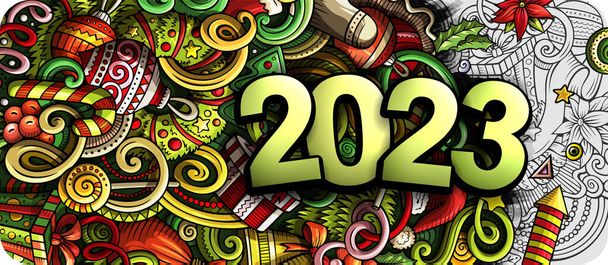 2023 ręcznie rysowane bazgroły ilustracja pozioma. Nowy Rok obiektów i elementów baner projektowania. Kreatywne wakacje kreskówki tle sztuki. Kolorowy rysunek rastrowy - Zdjęcie, obraz