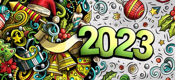 2023 ζωγραφισμένα στο χέρι μουντζούρες οριζόντια εικόνα. Πρωτοχρονιάτικα αντικείμενα και στοιχεία banner design. Δημιουργικές διακοπές κινουμένων σχεδίων φόντο τέχνης. Πολύχρωμο σχέδιο ράστερ - Φωτογραφία, εικόνα