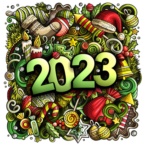 2023 doodles illustration. New Year objects and elements poster design. Creative cartoon holidays art background. Colorful raster drawing - Photo, Image