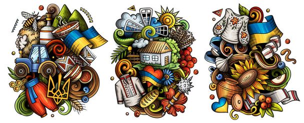 Ukraine cartoon raster doodle designs set. Colorful detailed compositions with lot of ukrainian objects and symbols. - Fotó, kép