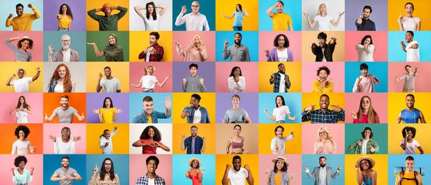 Koncepcja ludzkich emocji. Portrety różnorodnych szczęśliwych ludzi pozujących na kolorowe tła, wiele ujęć wesołych mężczyzn i kobiet stojących na jasnych tłach, kreatywny kolaż - Zdjęcie, obraz