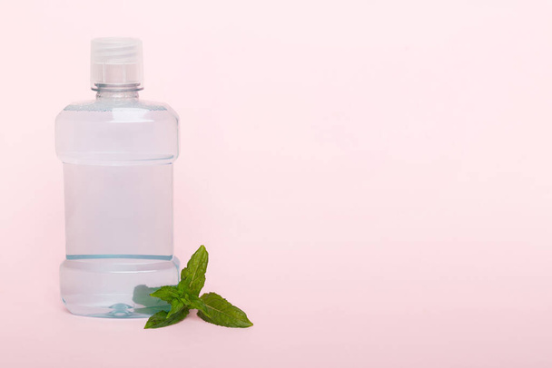 Mouthwash and fresh mint on colored background, top view with copy space for text. - Photo, Image