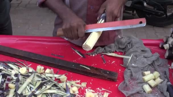 Příprava cukrové třtiny kusů v Bombaji trhu, Indie - Záběry, video