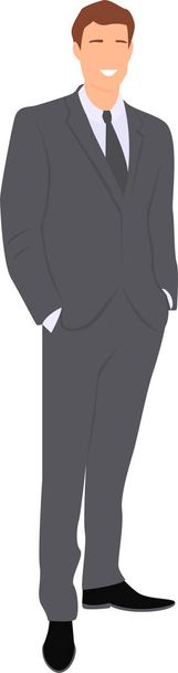 Темноволоса усміхнений чоловік в діловому костюмі стоїть з руками в кишенях штанів. Плоска векторна ілюстрація
. - Вектор, зображення