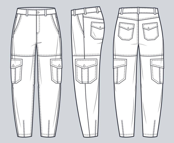 Cargo Jeans Pants technical fashion Illustration. Jeans Pants fashion flat technical drawing template, pockets, front, side  and back view, white, women, men, unisex CAD mockup. - Vektör, Görsel