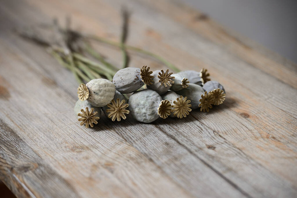 cabeças de semente de papoila secas na mesa de madeira  - Foto, Imagem