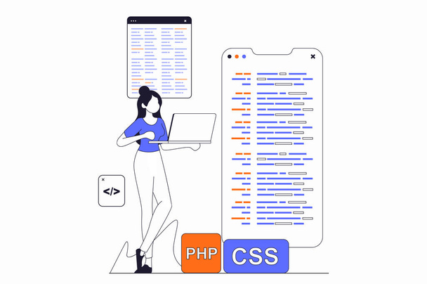 Development and programming concept with people scene in flat outline design. Woman writes code and creates mobile apps, fixes bugs and tests. Vector illustration with line character situation for web - Vector, Image