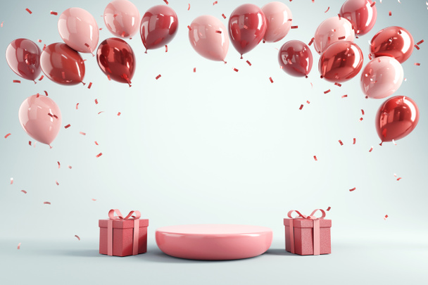 Подій з червоними кульками з подарунковою коробкою і конфетті на синьому тлі. 3d рендеринг, Різдво, Валентин, вечірка на день народження, новорічний фон, копіювальний простір. - Фото, зображення
