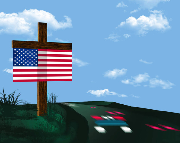 Una cruz de madera y una bandera de EE.UU. marcan el lugar de un accidente de tráfico fatal en recuerdo de la persona que murió en el naufragio. Tal vez fue un veterano militar. Esta es una ilustración en 3D.. - Foto, Imagen