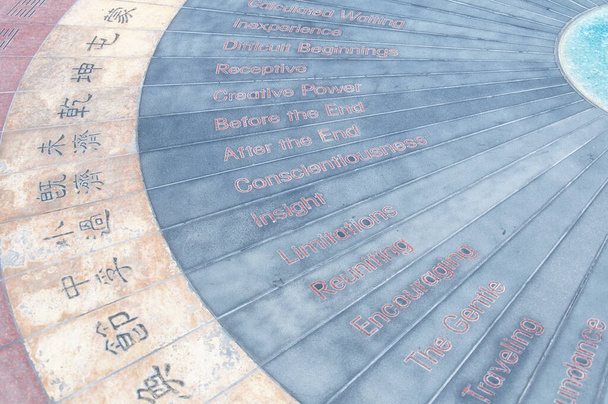 Um design circular com caracteres chineses e significados no chão dentro da Chinatown em Los Angeles Califórnia. - Foto, Imagem