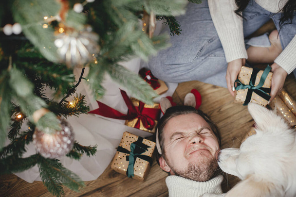 Χαριτωμένο χαρούμενο σκυλί παίζει με τον ιδιοκτήτη κάτω από κομψό χριστουγεννιάτικο δέντρο με δώρα, κορυφαία θέα. Αξιολάτρευτο σκυλί και άντρας με κέρατα ταράνδου στο εορταστικό δωμάτιο. Καλά Χριστούγεννα.! - Φωτογραφία, εικόνα