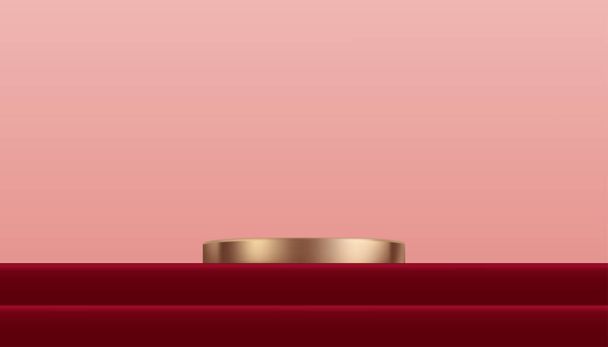 3D Display Pink Gold Cylinder Podium on Red Step and Beige wall Background,Vector luxury studio scene with circle stand for Valentine,Chinese new year,Christmas,Mothers Day product presentation - Вектор, зображення