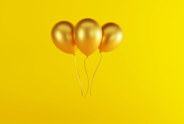 Gold balloons on a light background. Concept for the release of balloons, balloons inflated with air. 3d rendering, 3d illustration.	 - Φωτογραφία, εικόνα