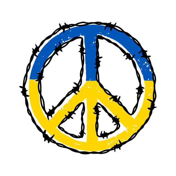 Forma de signo de paz Barbwire en colores azul y amarillo bandera de Ucrania. Ilustración vectorial dibujada a mano en estilo sketch. Rezar por Ucrania - Vector, imagen