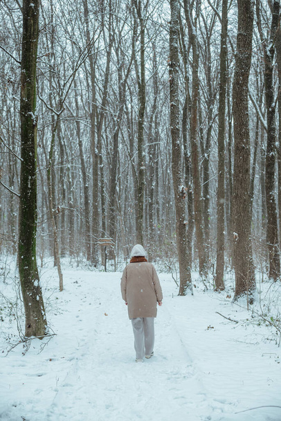 the girl stands in the middle of the forest on the path and looks at the camera; wearing a jacket, a hood from a hoodie and a scarf, wearing sneakers - Фото, изображение
