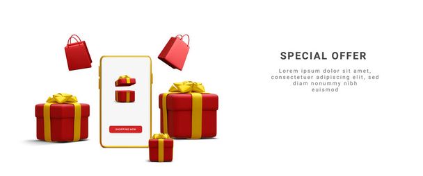3d realistic banner for online shopping in your store with smartphone, shopping bag and gift box isolated on white background.  Vector illustration. - Διάνυσμα, εικόνα