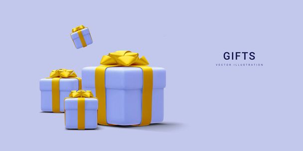3d realistic pile blue gifts boxes with gold ribbon. Decorative festive objects. New Year and Christmas design banner. Vector illustration. - Vector, Image