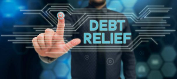 Légende conceptuelle Allégement de la dette, mot écrit sur la remise partielle ou totale de celui-ci en particulier ceux par pays - Photo, image