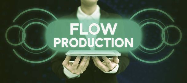 Текстовий знак, що показує Flow Production, елементи бізнес-концепції виробляються з одного кроку обробки до наступного
 - Фото, зображення