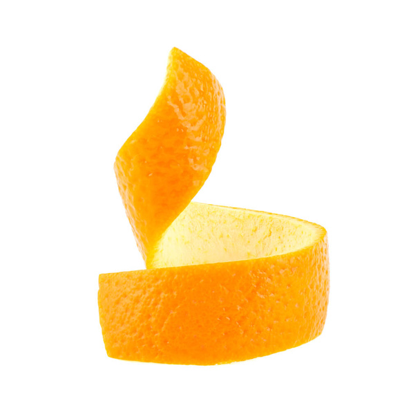 Peel of ripe orange isolated on white background. Orange zest spiral. - Foto, imagen
