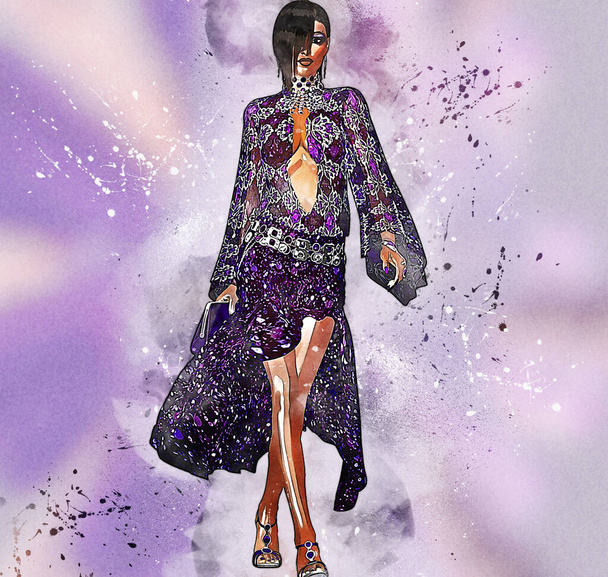 Paris fashion and beauty scene. French style comes through in this electric digital art combination of clothing, hair, makeup and background scenery - Valokuva, kuva
