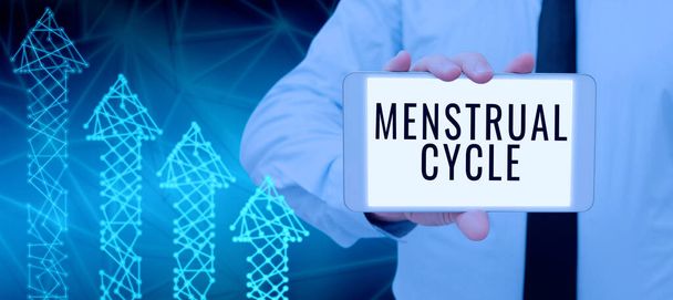 Texto que muestra inspiración Ciclo menstrual, concepto de negocio ciclo mensual de cambios en los ovarios y el revestimiento del útero - Foto, Imagen