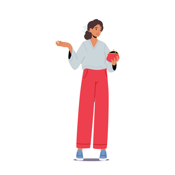 Poor Woman with Open Empty Wallet In Hand. No Money, Financial Problem, Bankruptcy Concept. Jobless Female Character Broke After Credit Card Payday or Debt Payment. Cartoon People Vector Illustration - Vector, Image