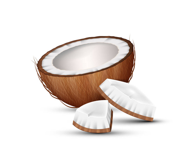 Кокосовый реалистичный, половина и трещины сломанный коко изолированы на белом фоне. Шаблон для упаковки дизайна натуральных продуктов питания и органической косметики. Векторная иллюстрация - Вектор,изображение